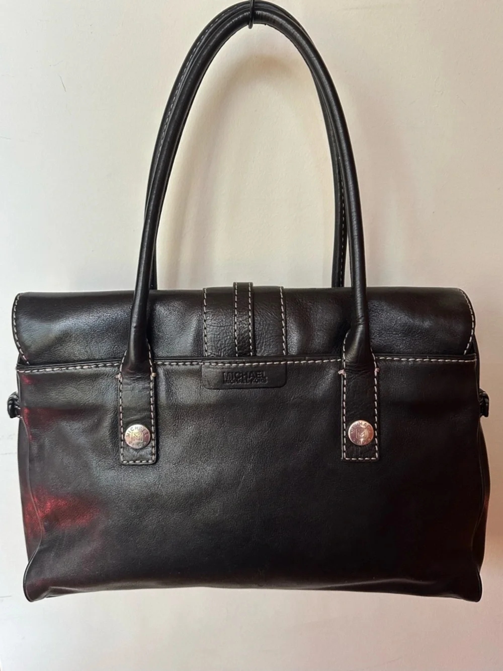 Michael Kors black soft calf leather Hudson satchel with white stitching